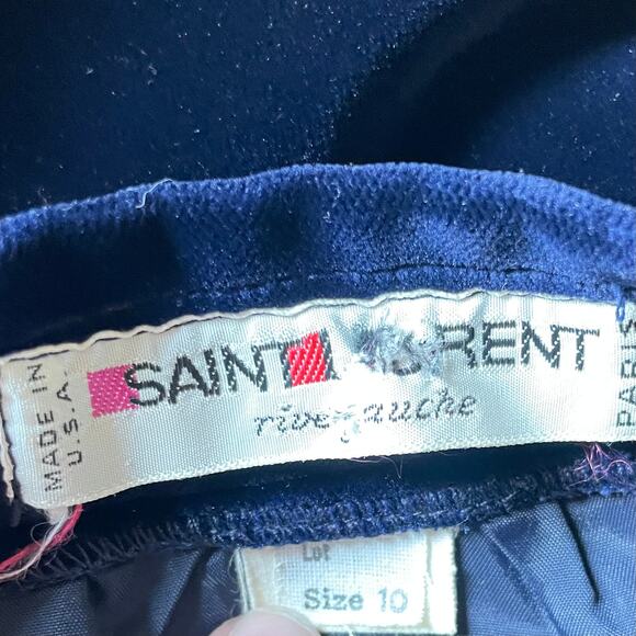 Vintage Yves Saint Laurent Rive Gauche Sz 10 Blue Velvet Black Corded Trim Skirt - Picture 6 of 13